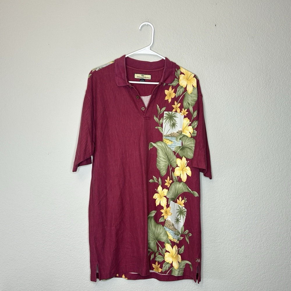 Vintage Tommy Bahama Vertical Floral Panel Red Polo Shirt Size L Silk & Cotton